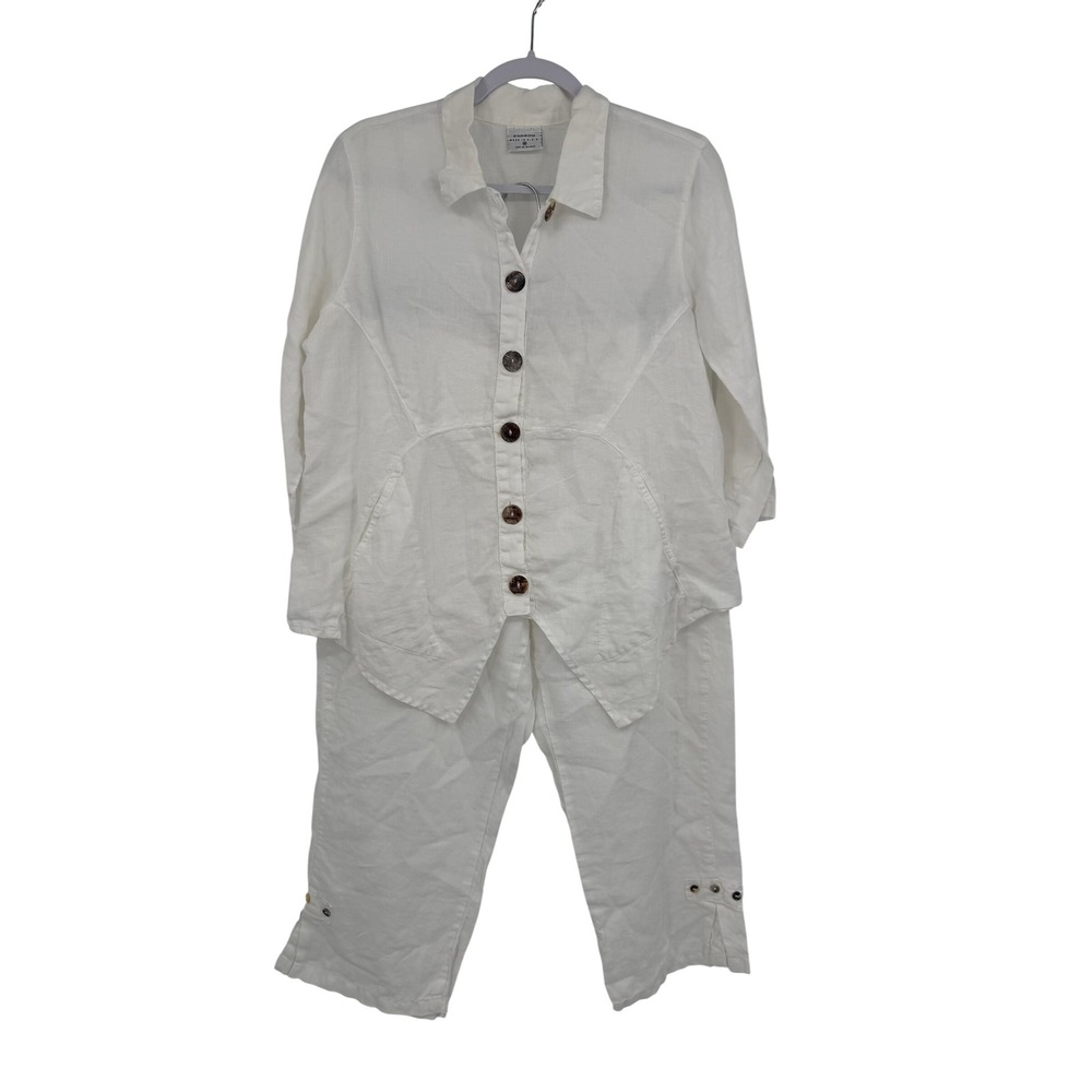 Click by Color Me Cotton White 100% Linen 2 Piece Set Top & Crop Pants Womens M